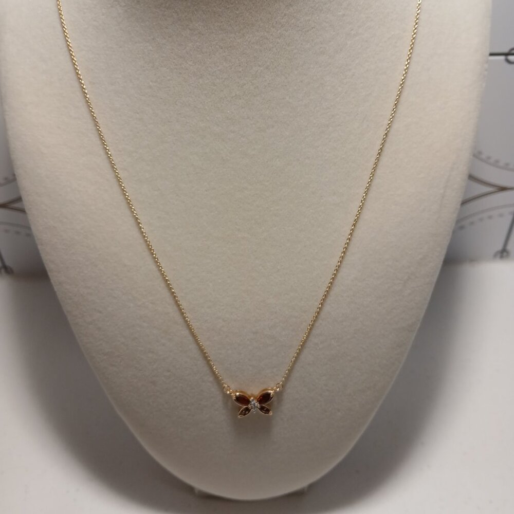 Rhodolite Garnet (3/4 ct.), Diamond (1/20 ct.) 14k Gold Butterfly 18" Necklace.